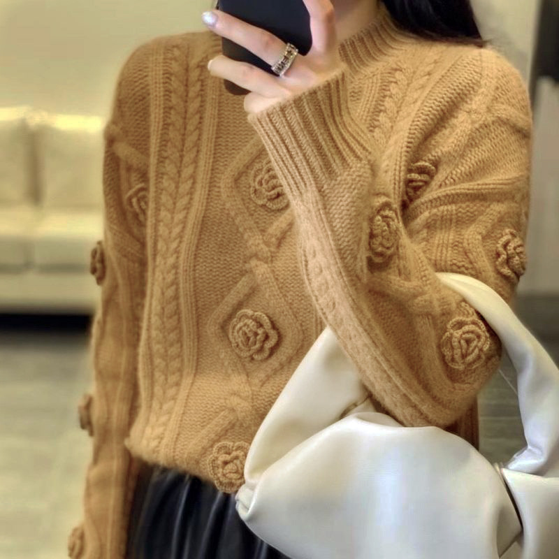 [Kasjmir Arisocraic Family] Fried Dough Twiss-genser med rund hals og blomsterprint, damegenser med løs bomullskrage_voghion.com