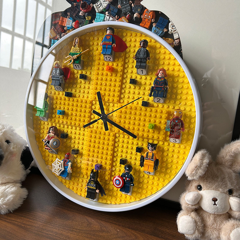 Children's Room DIY Wall Clock Decoration Plastic Cartoon Silent Boy Birthday Gift Pointer Building Block Wall Clock
