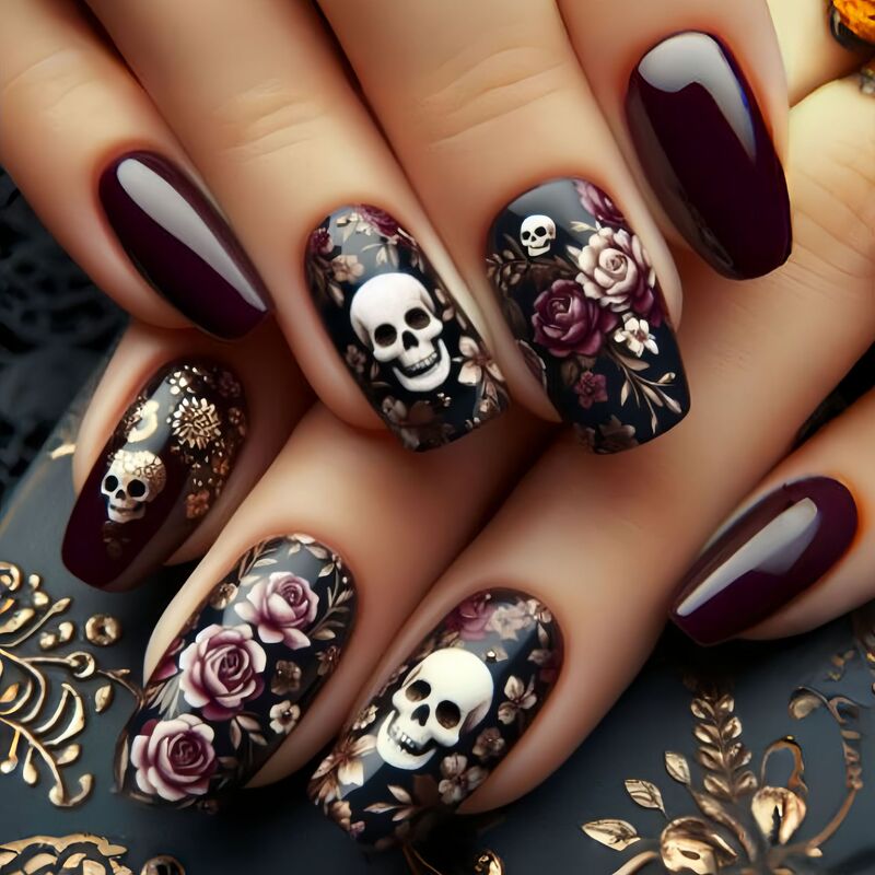 European and American Halloween Mid-Length European Square Nail Patches, Horror Skull Plant Flower Pattern Nail Patches European and American Halloween Mid-Length European Square Nail Patches, Horror Skull Plant Flower Pattern Nail Patches