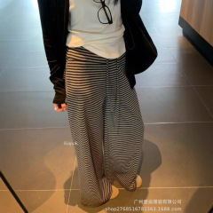 女性用13ラインスリムストライプカジュアルパンツ、調節可能な巾着ウエストカジュアルパンツ、初秋の万能ドレープパンツ390