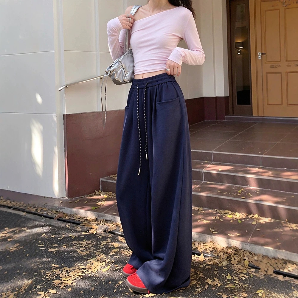 Casual Drawstring Wide-Leg Pants for Women, Autumn and Winter 2026 New Style, Fleece-Lined, High-Waisted, Loose Straight-Leg, Floor-Length Casual Trousers