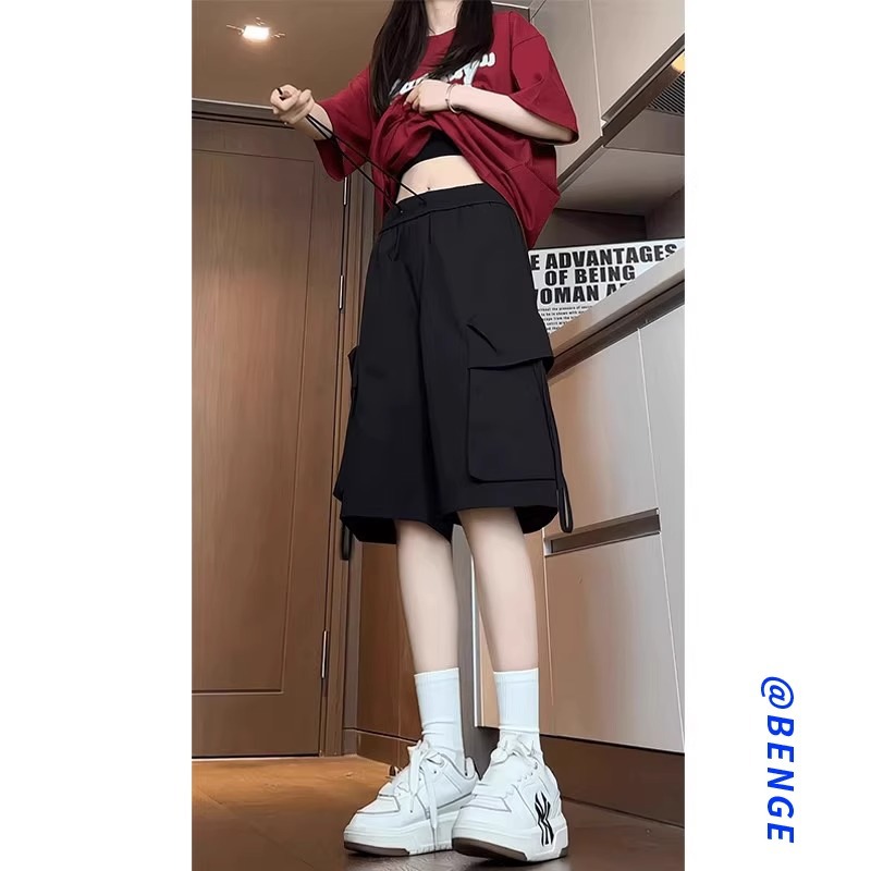 레트로 기능성 블랙 카고 반바지 트렌디 브랜드 여름 여성 얇은 루즈 다재다능한 스포츠 캐주얼 바지 트렌드