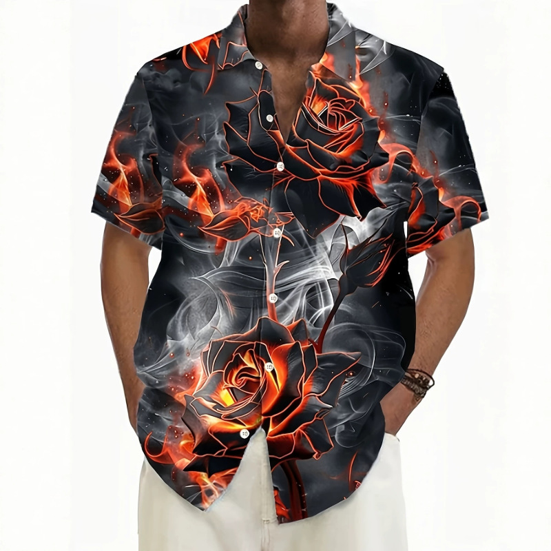 Black Background with Red Flame Rose Smoke Pattern, Personalized Short-Sleeve Floral Shirt, Trendy Men's Clothing for Amazon Cross-Border Trade, in Stock