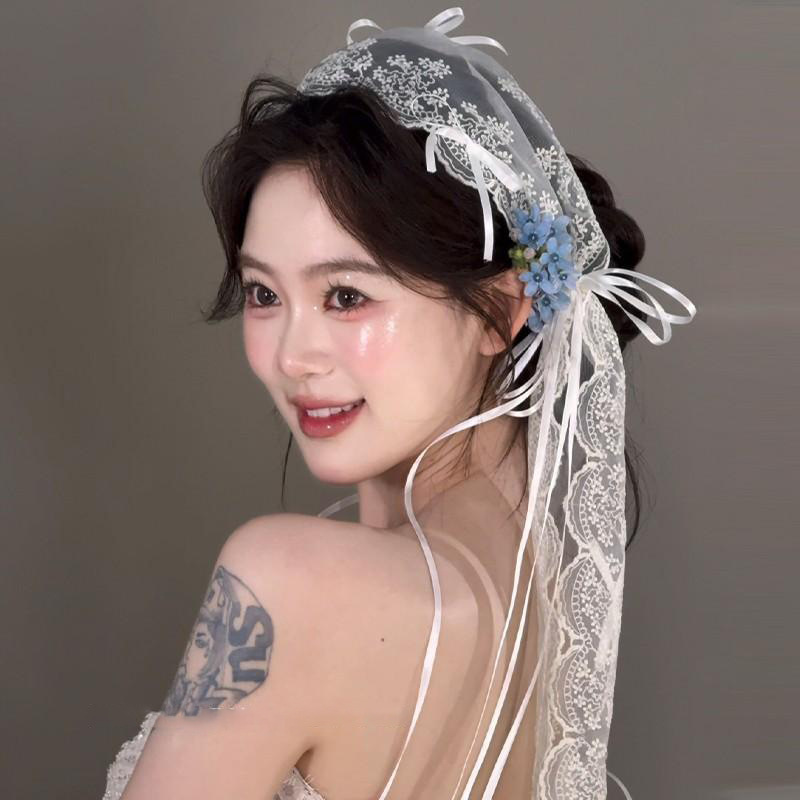 法式浪漫新娘蕾丝蝴蝶结长款发带韩式造型头饰森系写真旅拍头纱|undefined