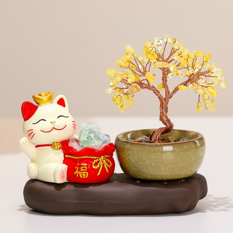 招财猫摆件卡通可爱办公室桌面装饰礼物发财好运水晶树送同事礼品|undefined
