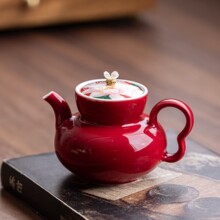红釉手绘牡丹茶壶 中式喜庆陶瓷泡茶壶功夫茶具单壶
