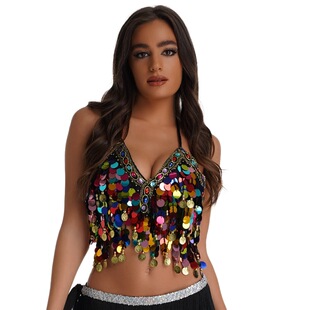 Amazon sequined colorful wrapped chest belly dance bra hanging coin copper gong stage performance colored diamond sequined top