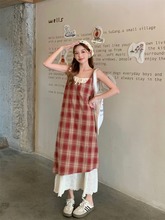 度假风系带格纹吊带连衣裙女春季新款假两件撞色拼接气质中长裙子