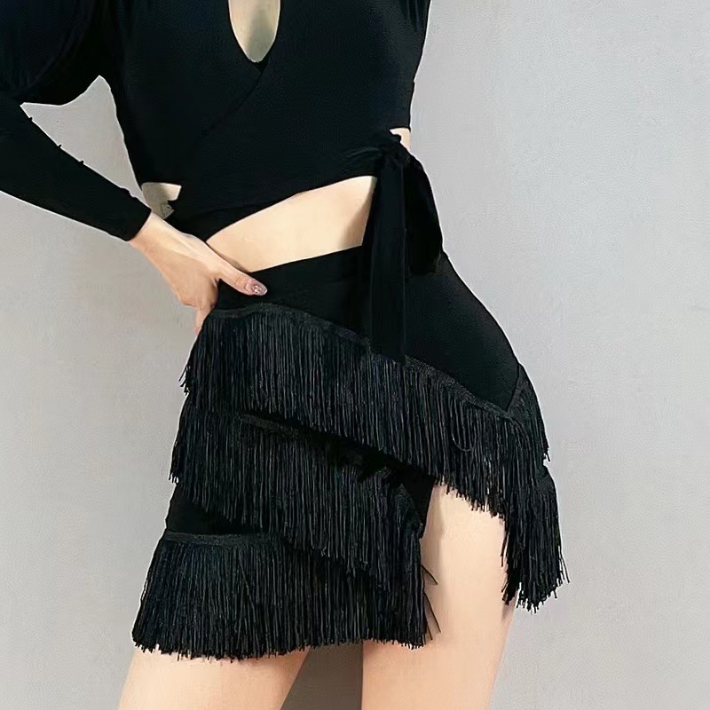 Black fringed Latin dance skirt for women adult female package hip tassel fork bust exercise