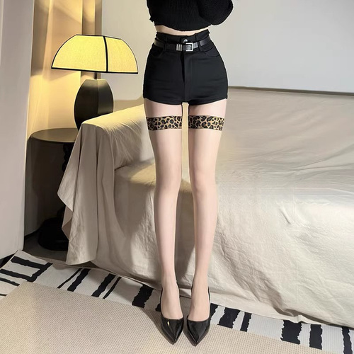 Glowing Aurora Women's Sexy Long Leg Stockings, Black Sheer Leggings, Oil-reflective Shiny Ultra-thin Half-length Over-the-knee Leopard Print Edge Hosiery