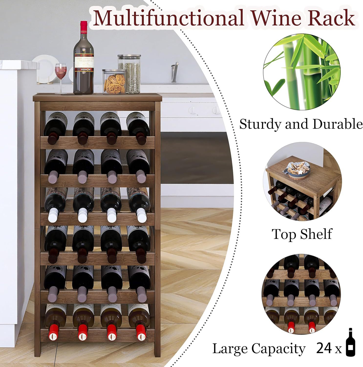 Wine Rack with 6 Bamboo Shelves, Freestanding Wine Bottle Holder with Non-Shaking Shelves, Walnut Wood