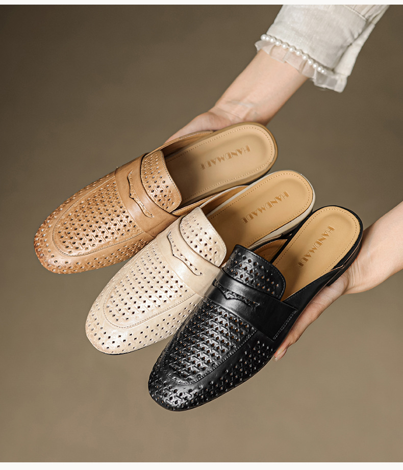 Giày mule nữ da bò mũi vuông hở gót đế bằng — đen chi tiết 4