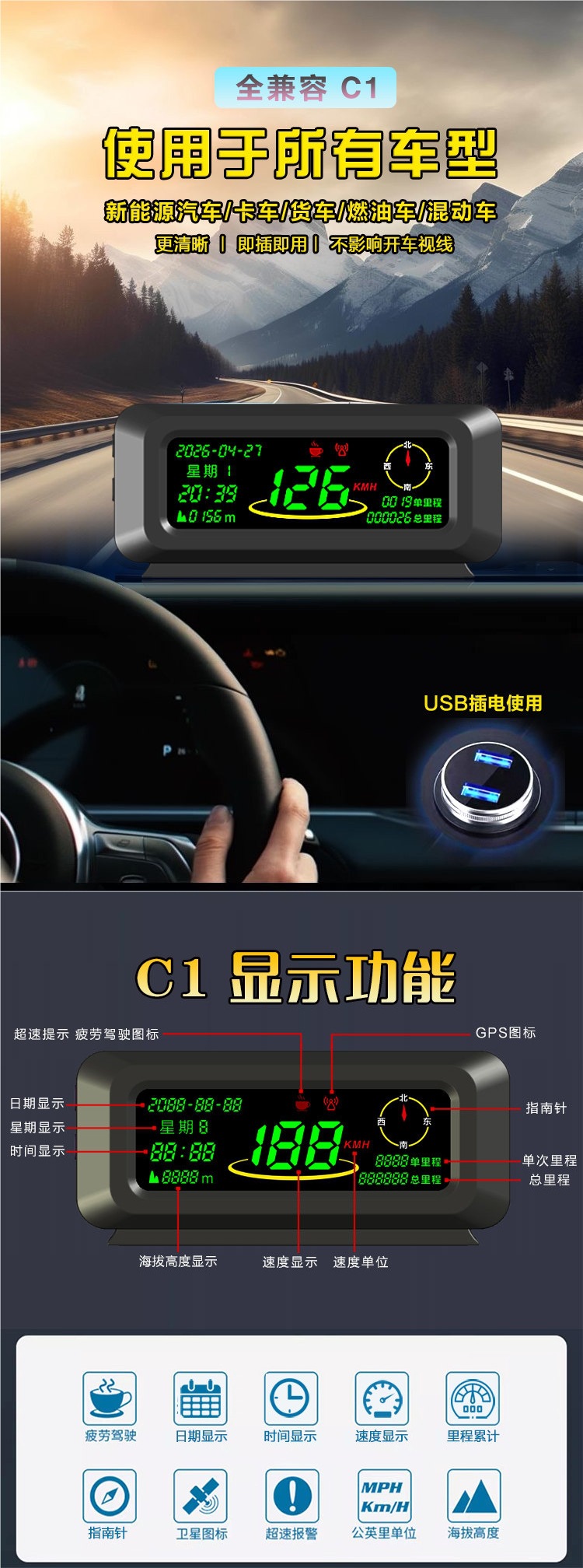GPS speedometer, electronic odometer, car head-up display, universal speed display, HUD head-up display