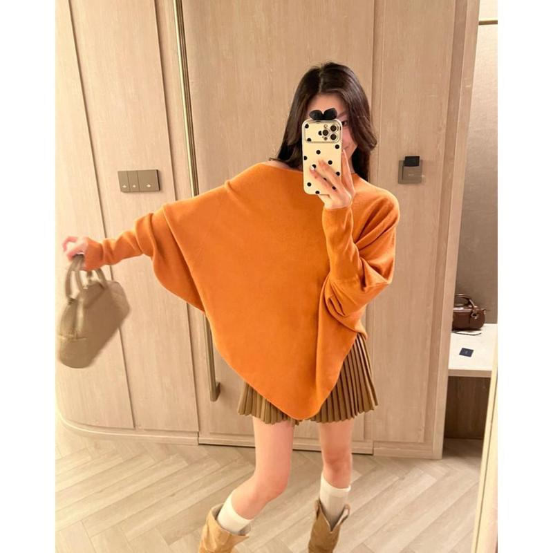 新款宽松蝙蝠袖毛针织女秋冬软糯慵懒感百搭上衣奶杏色卡其色咖色|undefined