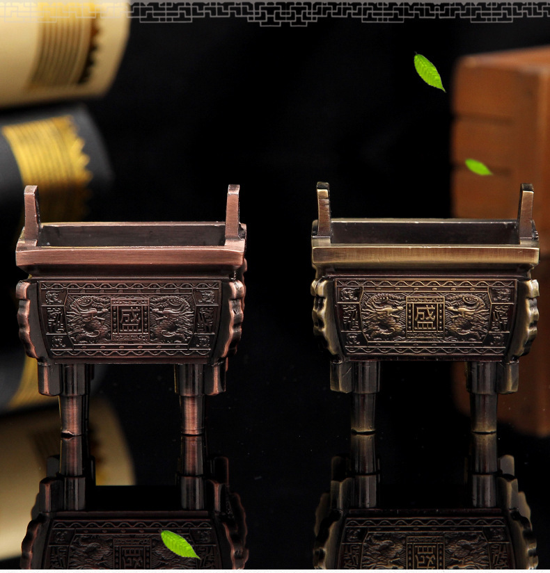 仿古双耳青铜红铜香炉鼎 香插迷你方龙鼎 供奉香道用具|ru