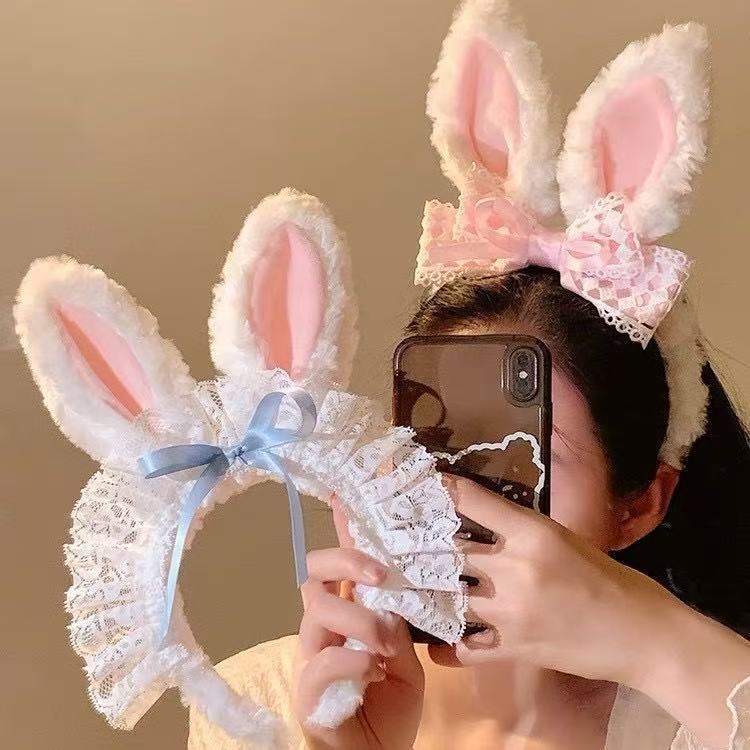 かわいいリボンウサギの耳ぬいぐるみヘッドバンドレース洗顔ヘッドバンド子供用ヘアピン 2025 新しい帽子|undefined