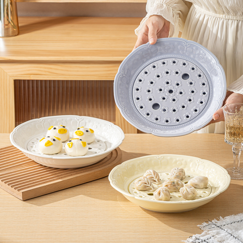 Creative Ceramic Steaming Tray with High Aesthetic Dumpling Tray, Double-Layer Draining Tray for Steaming Dumplings, Household Dumpling Tray with Oil-Draining Vegetable Tray
