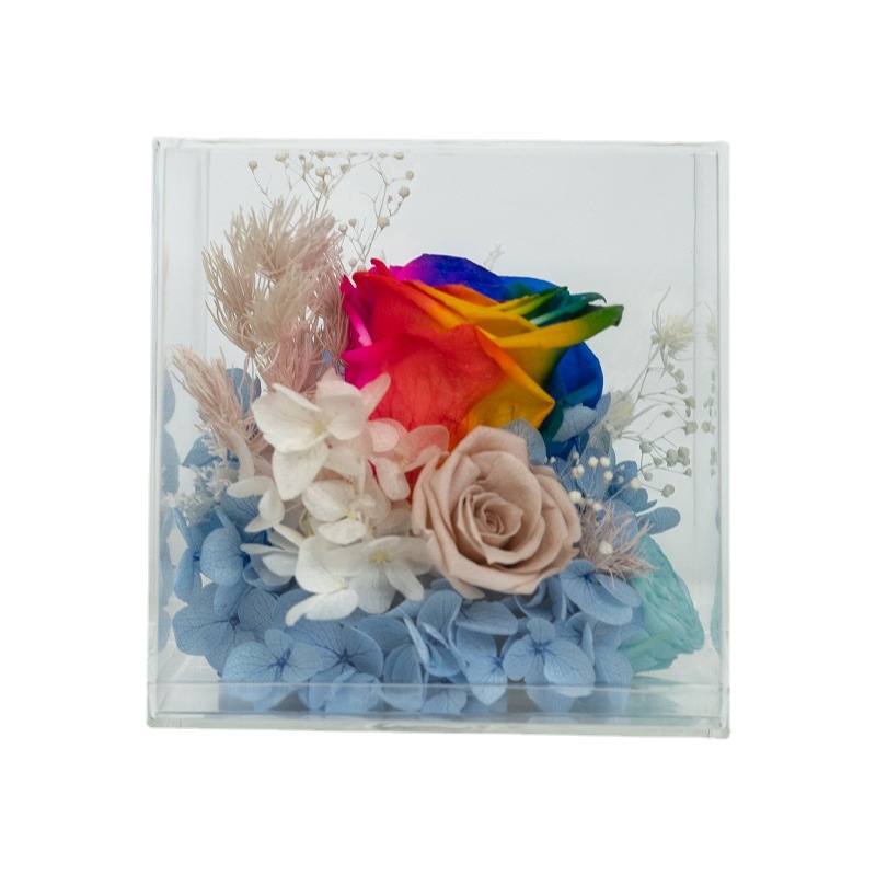 Caja de flores acrílica cuadrada con rosa eterna de Yunnan, regalo de alta gama para el Día de la Madre y el Día de San Valentín, adorno de flor eterna.