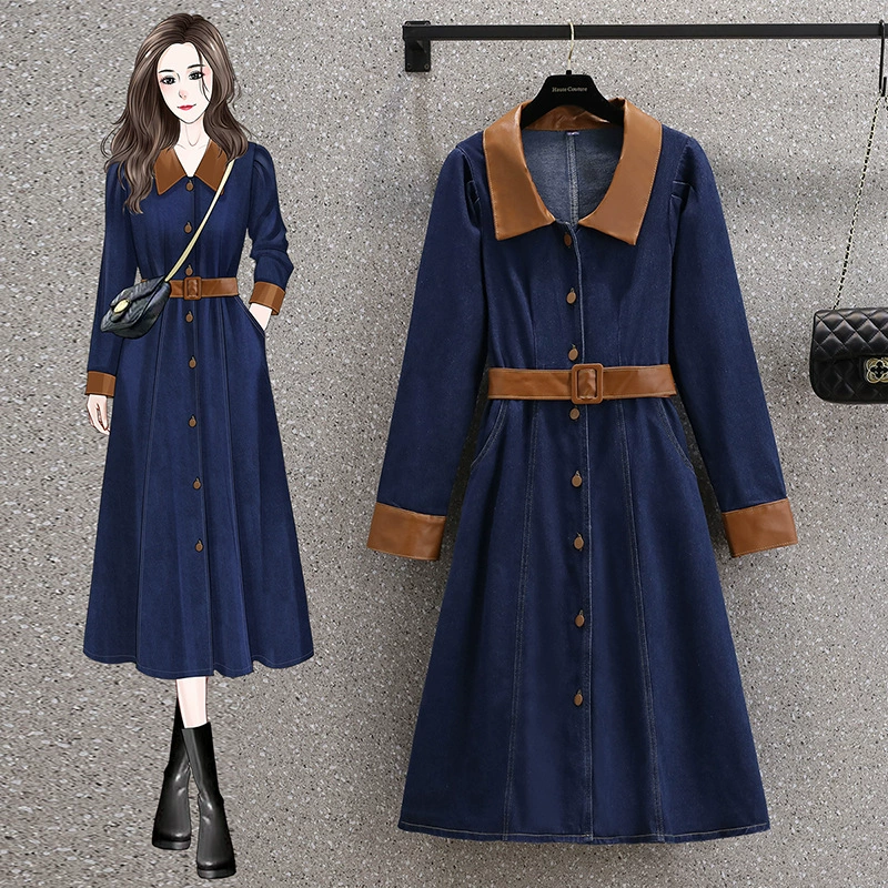 Реал ~ Осеннее и зимнее платье плюс размер отворот длинный талия однобортное темно-синее джинсовое платье S-5XL200