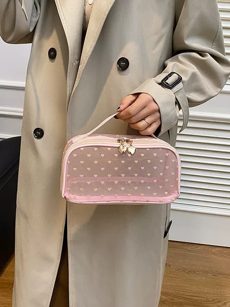 Breathable Mesh Storage Cosmetic Bag, Large Capacity, New Niche Velvet Heart-Shaped Makeup Tote for Toiletries