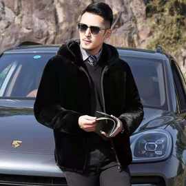 批发水貂毛仿皮草男装仿貂皮大衣金貂绒连帽外套男士海宁复合皮草