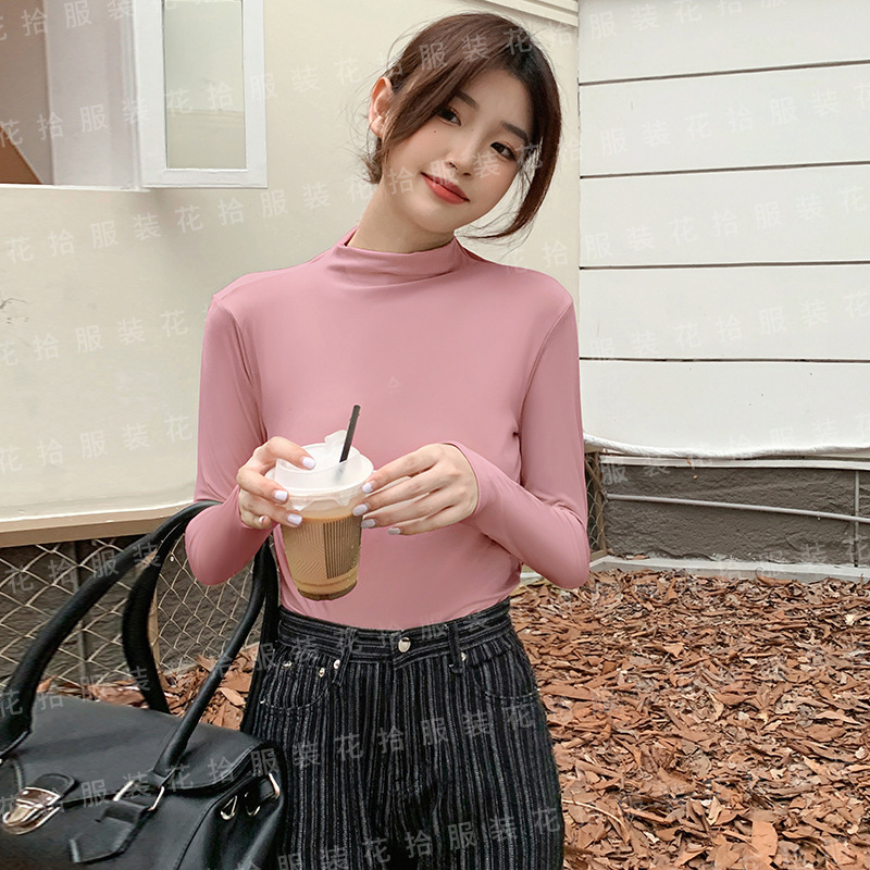 九色半高领打底衫女内搭春秋季长袖打底衣紧身T恤洋气百搭t恤修身|undefined
