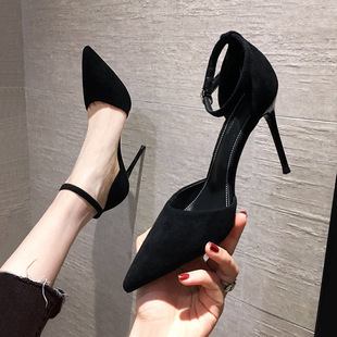 Sandals 2023 New Spring Black French Style Hollow Girly Stiletto Heel Cyber Celebrity Pointed Buckle High Heels