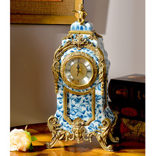 欧式复古装饰座钟客厅壁炉钟表法式烛台青花瓷摆件全铜艺术工艺钟