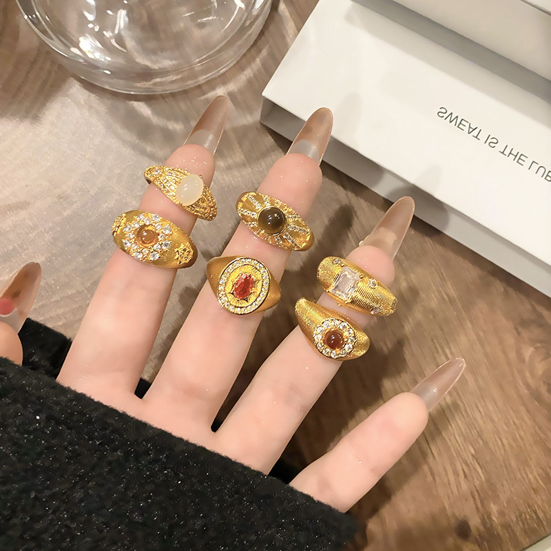 秋冬款限定美拉德虎眼石戒指女小眾設計復古橢圓時尚個性指環配飾