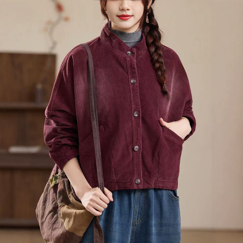 2026 Autumn New Collection: Retro Corduroy Jacket for Women, Artistic Loose-Fit Stand-Up Collar Short Jacket Top 26205