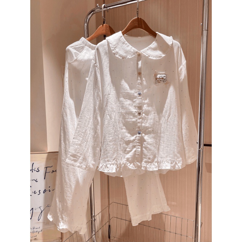 Cartoon Cute Lazy Little Colorful Dot Pure Cotton Pajamas for Women, Spring and Autumn Style, Doll Collar Loungewear Set That Can Be Worn Outside Cartoon Cute Lazy Little Colorful Dot Pure Cotton Pajamas for Women, Spring and Autumn Style, Doll Collar Loungewear Set That Can Be Worn Outside