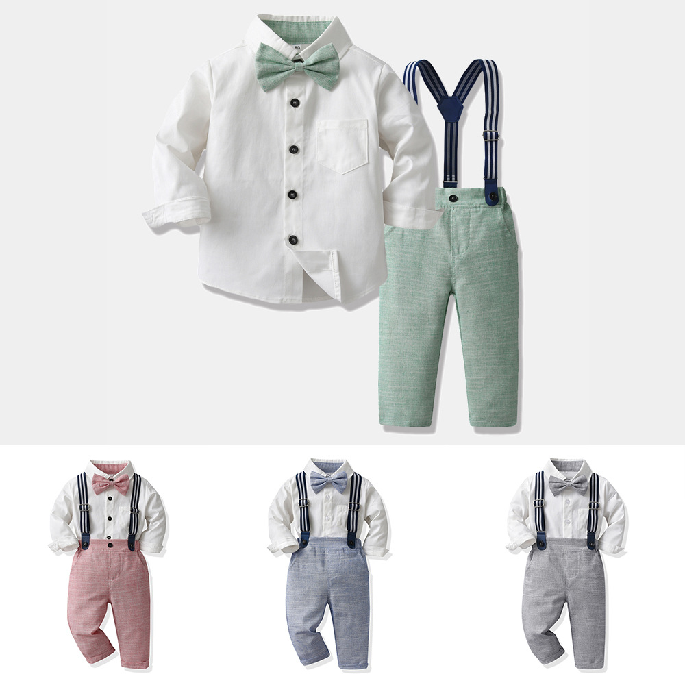 Versión coreana del traje de pajarita con correa para niños, cárdigan de algodón de manga larga de color sólido, estilo de otoño para hombres y bebés, nuevo traje de dos piezas al por mayor