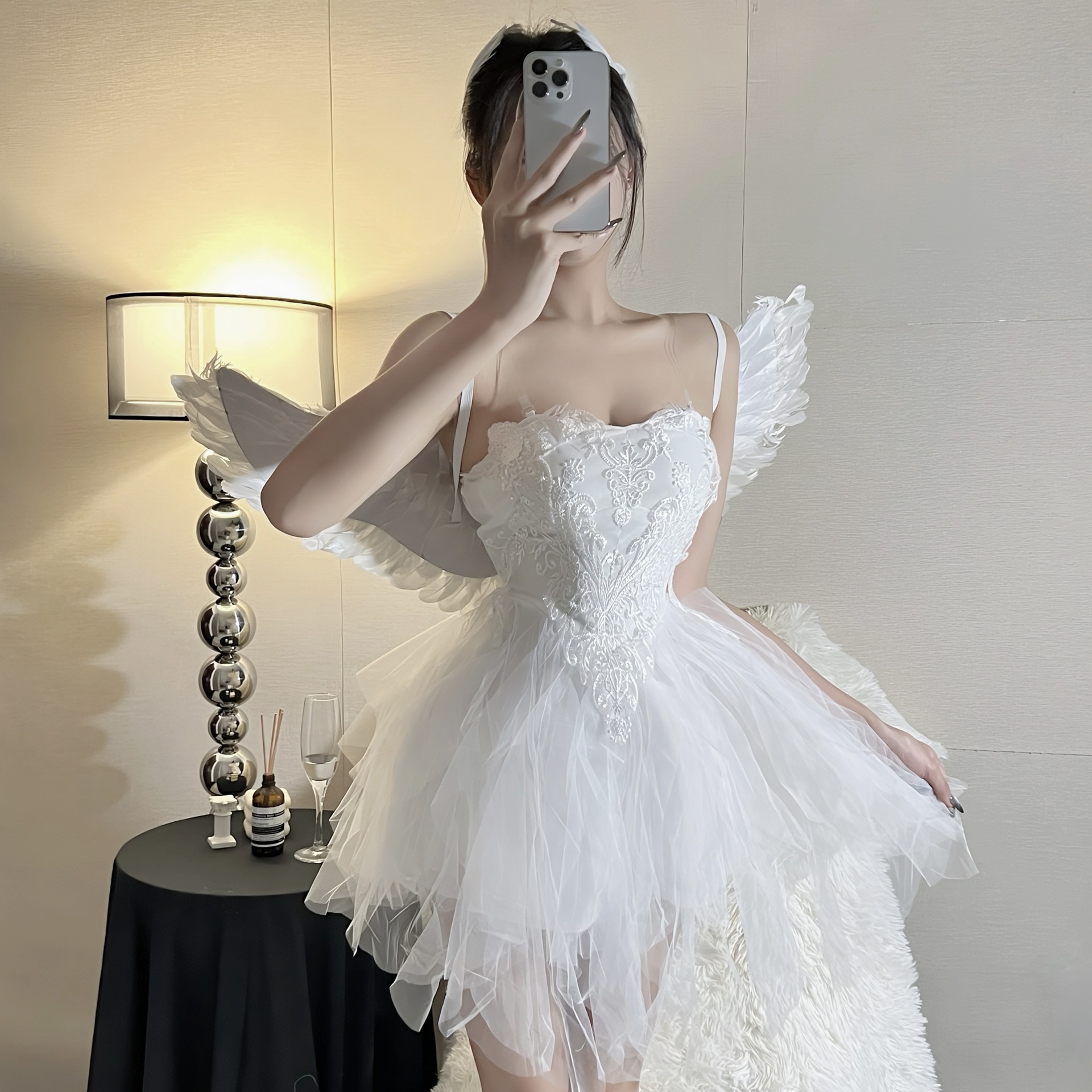 万圣节cosplay服装白天使cos白天鹅抹胸刺绣纯欲风白纱写真蓬蓬裙