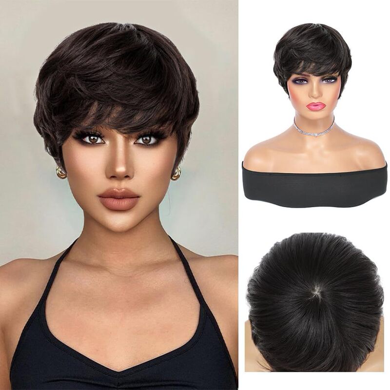 Cross-border hot wig women's short hair synthetic short hair Amazon Black Elf wig bangs women's full head cover