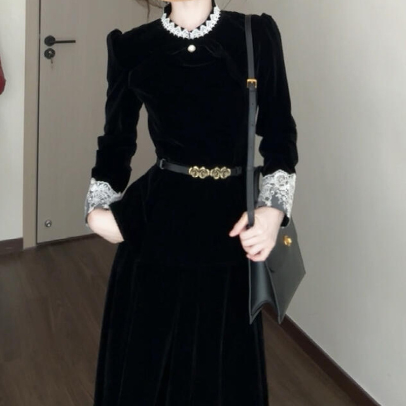Mirror Dance Palace Velvet Stitching Lace Waist Top Skirt suit Women's Autumn and Winter 2024 Two-Piece Dress Mirror Dance Palace Velvet Stitching Lace Waist Top Skirt suit Women's Autumn and Winter 2024 Two-Piece Dress