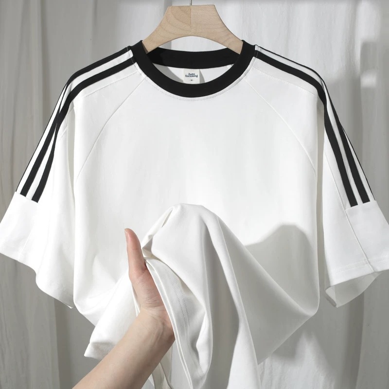 Tres barras pesadas de verano americano de mujer camiseta de manga corta nicho personalidad suelta camiseta de pareja de algodón masculino y femenino