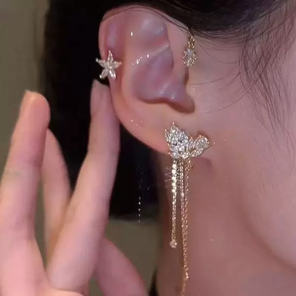 Flower Tassel Ear Cuff Ear Hook with Diamond Wheat Ear Cuff Without Piercing Niche Super Fairy Elegant High-End Earrings