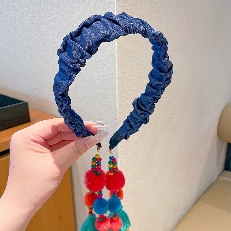子供のレトロ人気のヘアプレスヘッドバンドヘアバンド女の子のエスニックスタイルのヘアアクセサリー 2025 新しいファーボールタッセルヘッドバンド女性|undefined