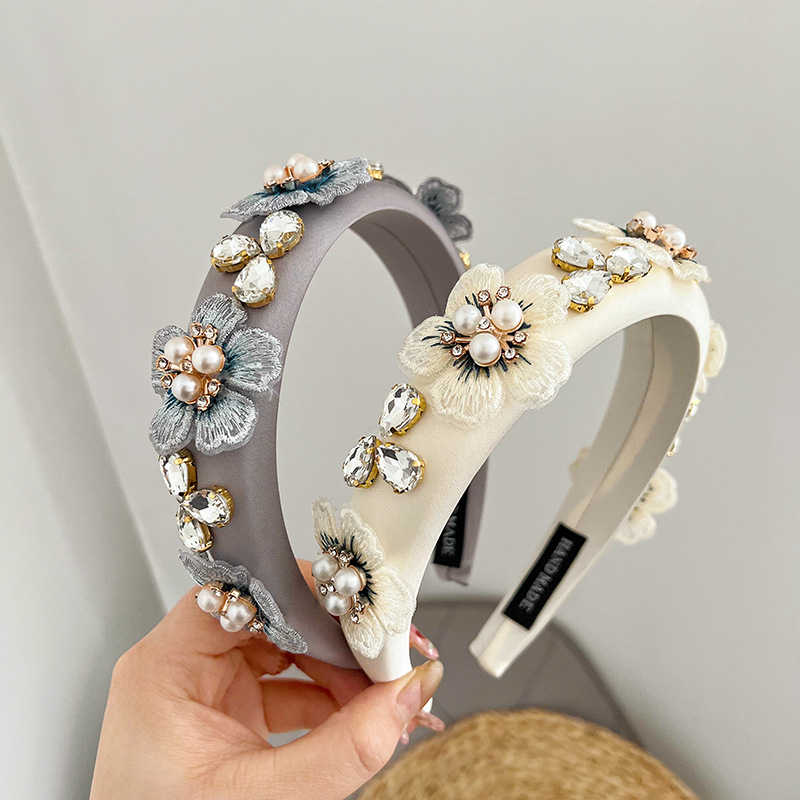 歐美時尚巴洛克珍珠水鑽海綿發箍精緻刺繡花朵髮飾發窟2023新款女
