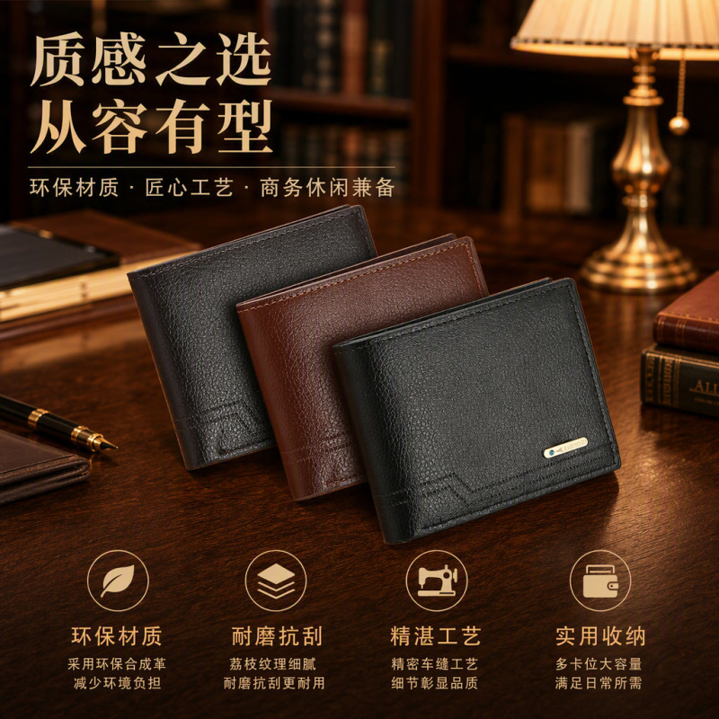Men's Wallet, Short Style, Fashionable and Casual, Soft Leather with Lychee Pattern, Multiple Card Slots, Large Capacity, Trendy Print Men's Wallet, Short Style, Fashionable and Casual, Soft Leather with Lychee Pattern, Multiple Card Slots, Large Capacity, Trendy Print