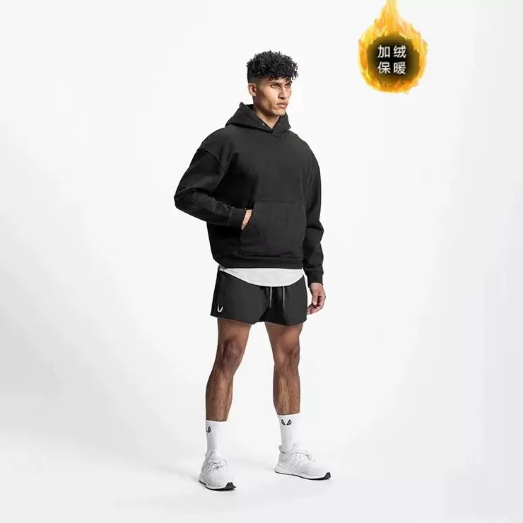 肌肉美式潮流落肩纯色套头连帽衫 男女宽松运动休闲卫衣 跨境大码