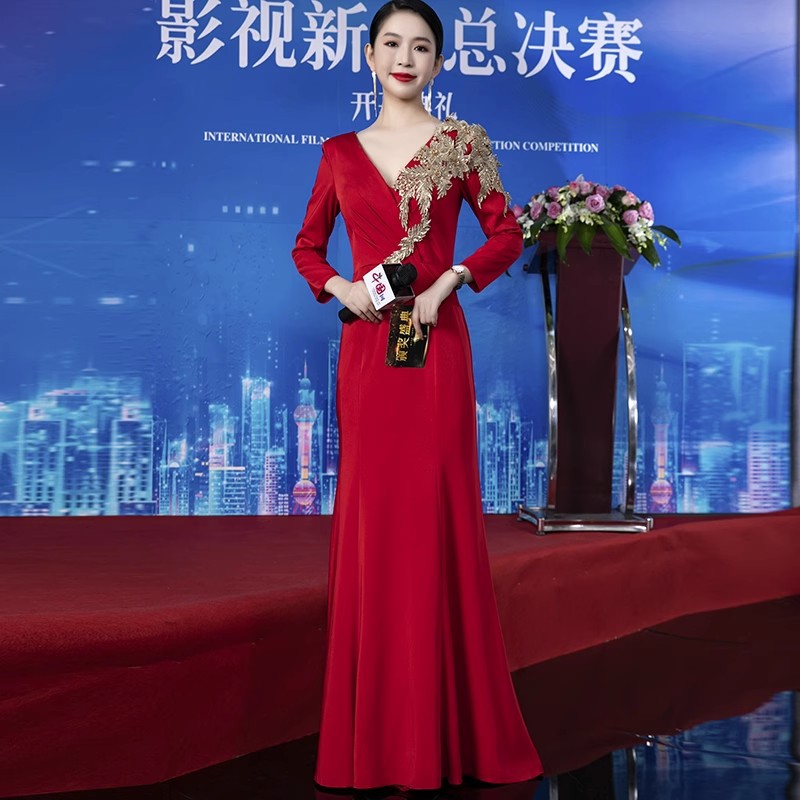 Host Annual Meeting Evening Dress Female Wedding Bride Engagement Dinner Little Man Birthday Red Chorus Performance Dress