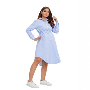Amazon Maternity Wear Spring and Summer Fashionable Lapel Long-Sleeved Striped Maternity Dress Casual Maternity Dress