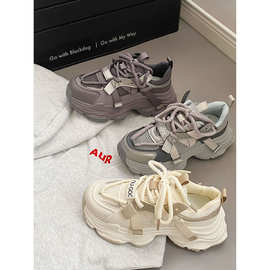 银灰老爹鞋女厚底松糕2024年春季新款百搭网面小个子增高休闲女鞋