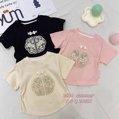 New Children's Summer Short-Sleeve T-Shirt with Chinese Style, Embroidered Button-Trimmed Top for Girls, Model 0101A030