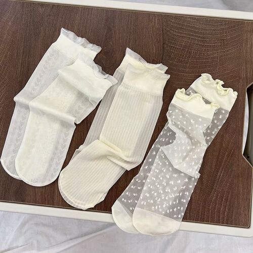 Three pairs of children's ultra-thin heelless socks for summer, breathable ice silk lace socks for girls, breathable mesh pile socks