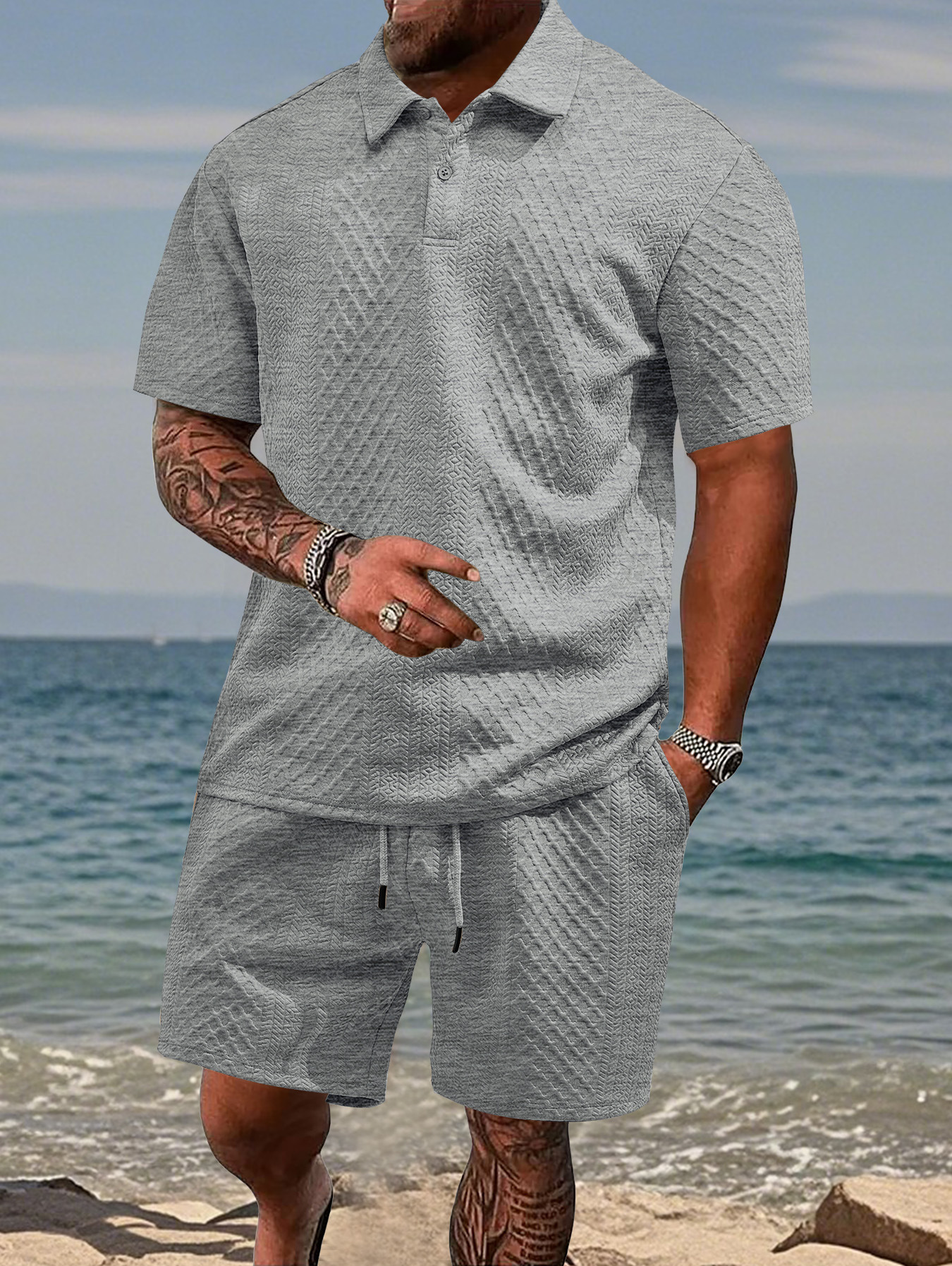 Cross-border nuevo hombre Jacquard Polo verano delgado con solapa cuadrada casual deportivo conjunto de mangas cortas para hombres
