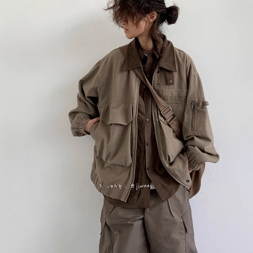Spring and Autumn Style Casual Loose Unisex Universal Collar Workwear Flight Jacket Retro Multi-Pocket Wasteland Style Outerwear