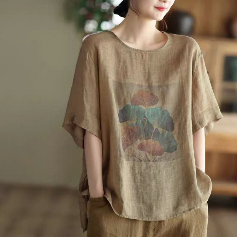2025夏季新款复古棉麻印花上衣女宽松套头文艺复古休闲短袖恤潮
