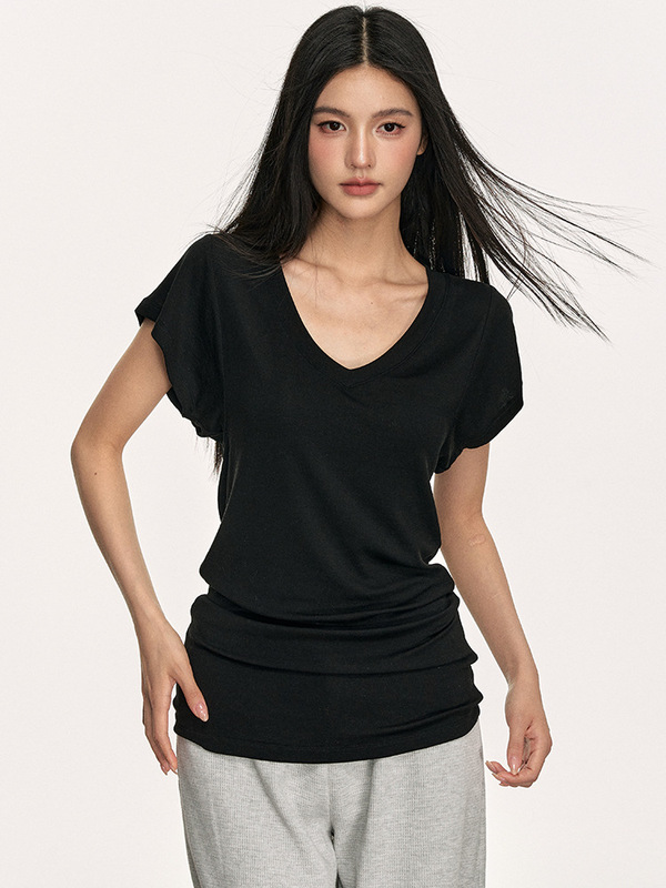 2025年新作ウエストデザイン無地Vネック右肩スリムフィットスリムフライングスリーブTシャツ|undefined